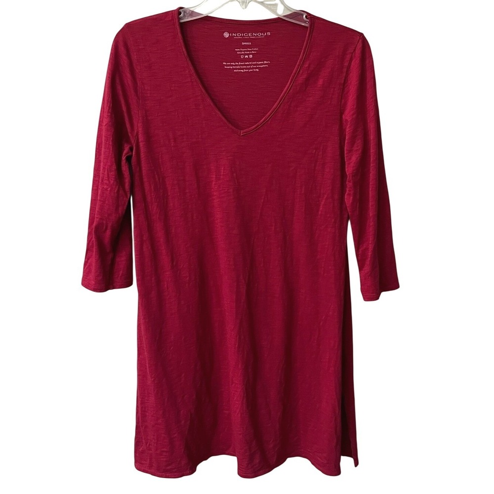 Indigenous Womens Red 3/4 Sleeve Organic Pima Cotton V Neck Tunic Top Small